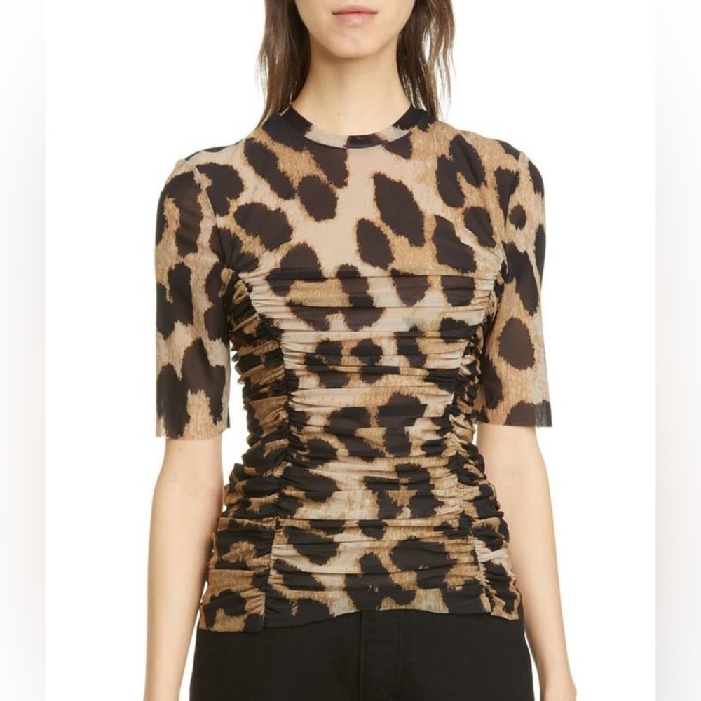 GANNI Ruched Leopard-Print Mesh Top